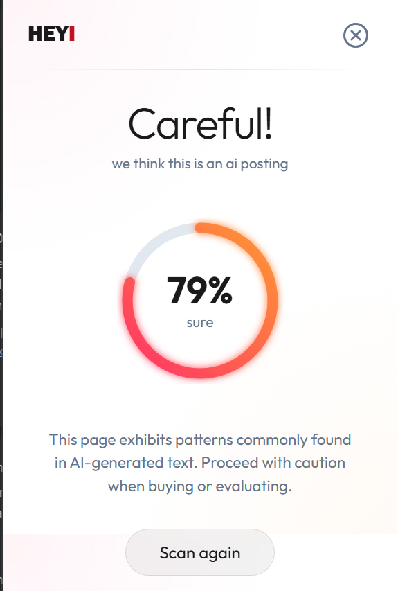 HEYI scan result showing confidence score and caution guidance